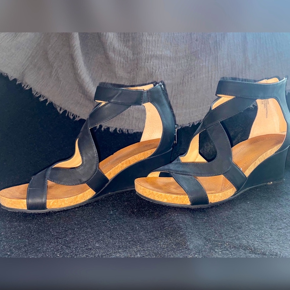 Strappy Black Wedge Sandals - Zipper Back & Cork Sole Sz 8.5
